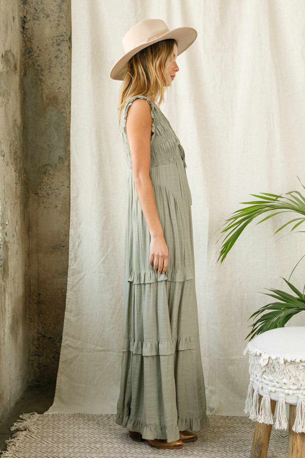 Light Olive Ruffle Maxi Dress