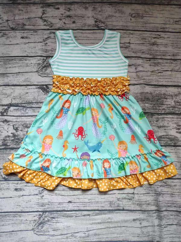 Teal Mermaid & Stripe Ruffle-Hem Dress