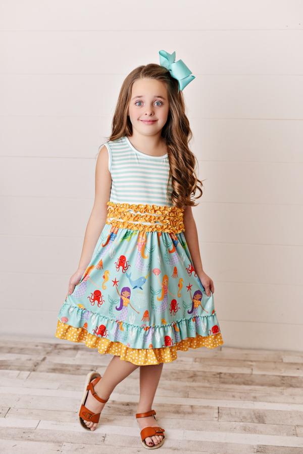 Teal Mermaid & Stripe Ruffle-Hem Dress