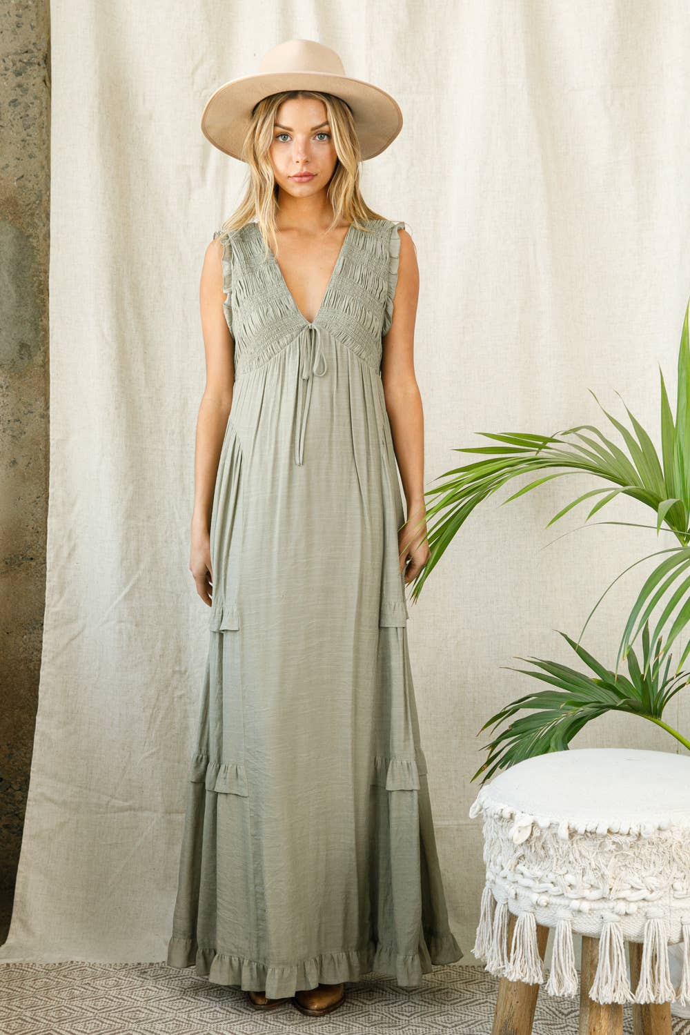 Light Olive Ruffle Maxi Dress