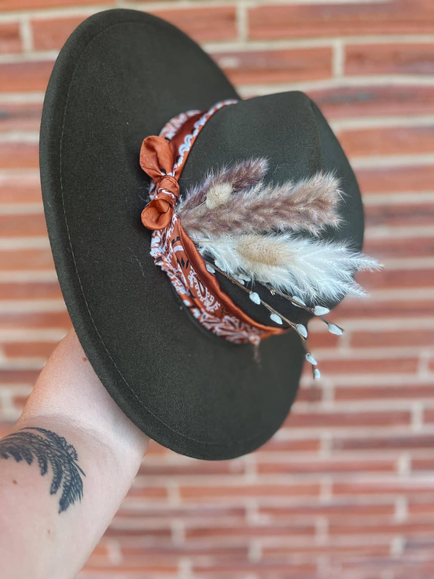 River Valley Co. - Olive and Rust Wide Brim Fedora Hat | Dried Flowers & Grass