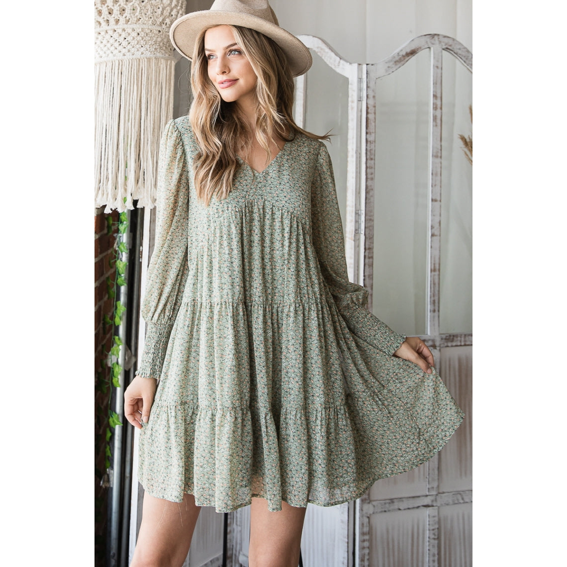 Sage Tiered Ruffle Floral Dress