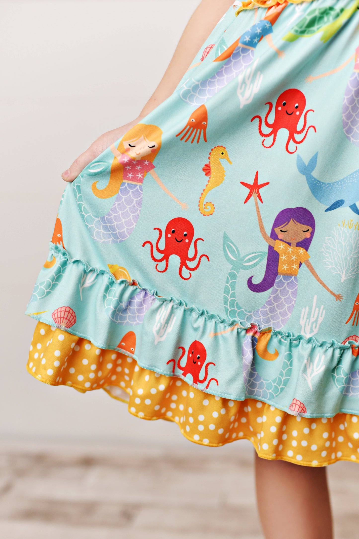Teal Mermaid & Stripe Ruffle-Hem Dress