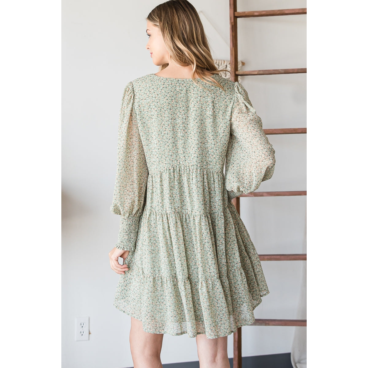 Sage Tiered Ruffle Floral Dress