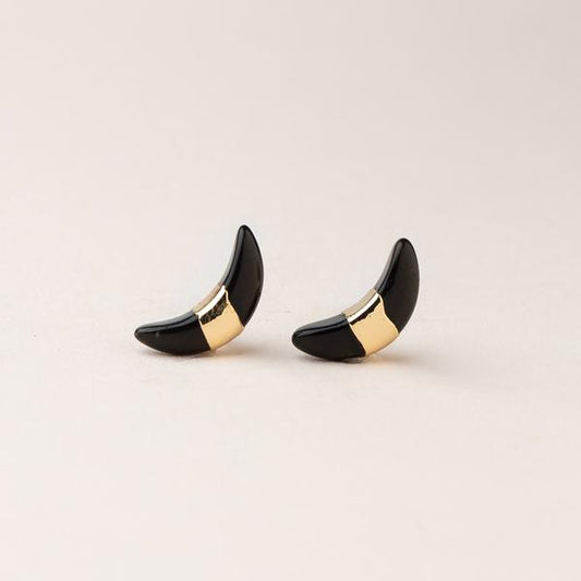 Black Spinel Crescent Moon Stud Earrings