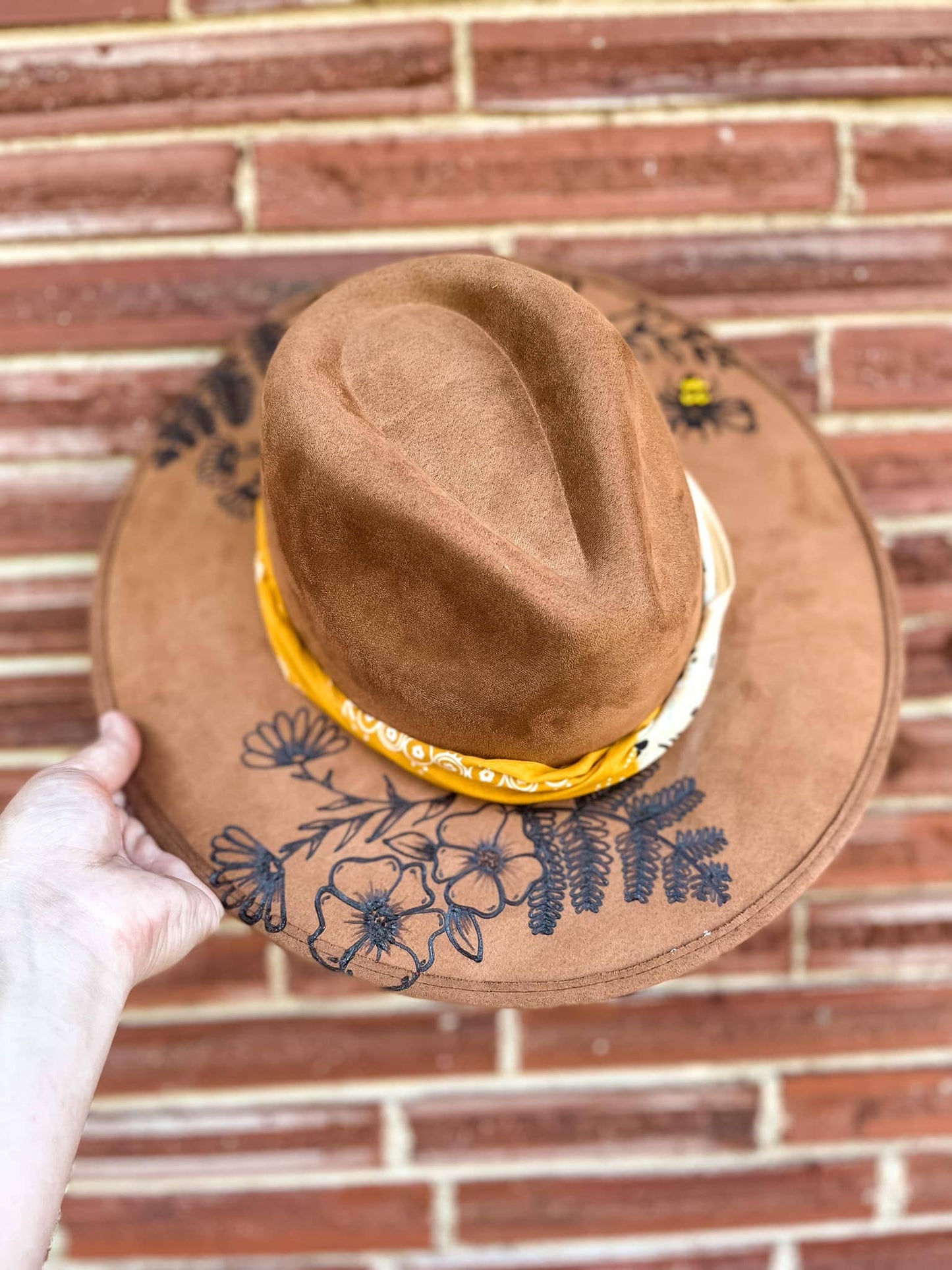 River Valley Co. - Burned Western Wide Brim Fedora | Bee, Floral, Beaded